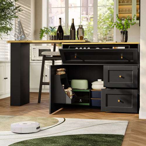 Black Extendable Bar Table with Storage | 138–204cm Telescopic | Premium Home Decor | OFIA HOME