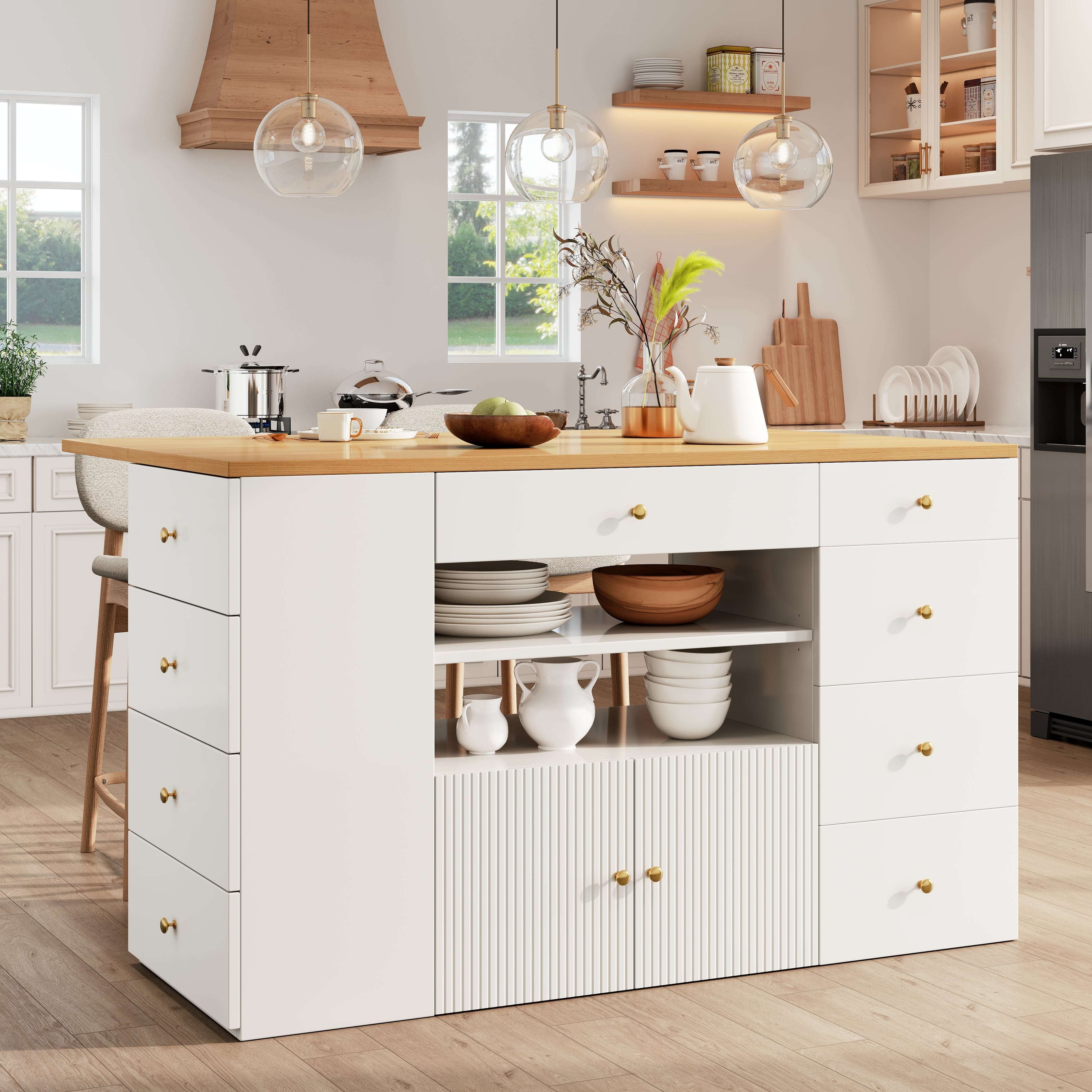 Adjustable Kitchen Island with Bar Stools – 6-Drawer Sideboard Cabinet, White & Black | Premium Home Decor | OFIA HOME