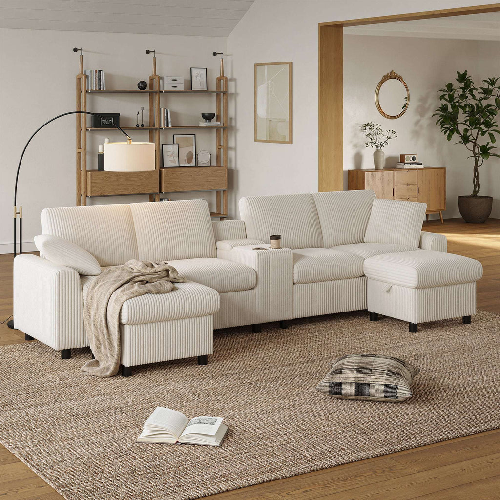 Beige Corduroy U-Shape Sectional Sofa | USB Charging | 4 Seater | Premium Home Decor | OFIA HOME