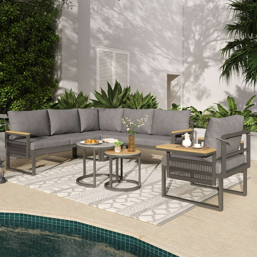 5-6 Seater Rope Woven Garden Lounge Set | Corner Sofa, Armchair & 2 Nesting Coffee Tables | Grey | Premium Home Decor | OFIA HOME