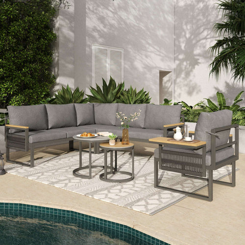 5-6 Seater Rope Woven Garden Lounge Set | Corner Sofa, Armchair & 2 Nesting Coffee Tables | Grey | Premium Home Decor | OFIA HOME