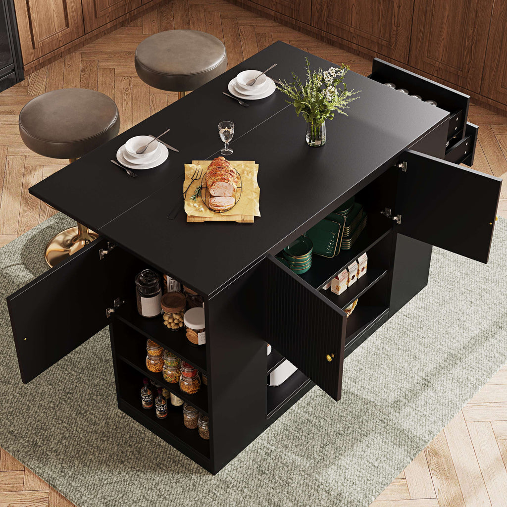 Black Kitchen Island Cabinet with Drawers & Open Shelves | Premium Home Decor | OFIA HOME