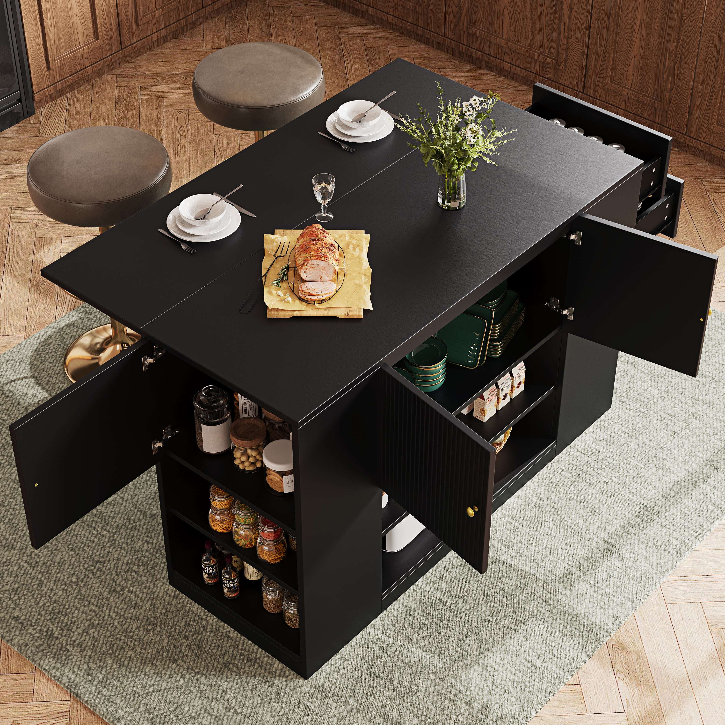 Black Kitchen Island Cabinet with Drawers & Open Shelves | Premium Home Decor | OFIA HOME