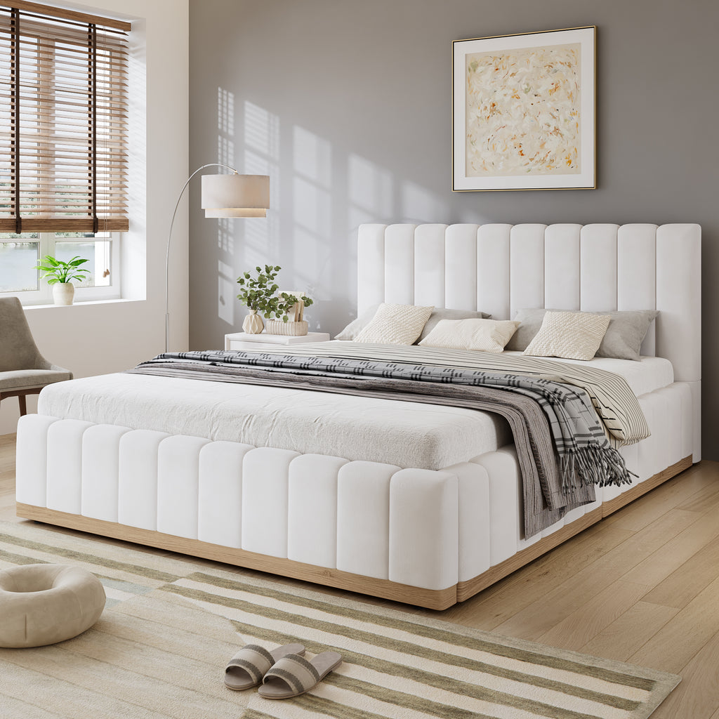 Beige Upholstered Double Bed | 4ft6 135x190cm | Soft PU Headboard | Premium Home Decor | OFIA HOME