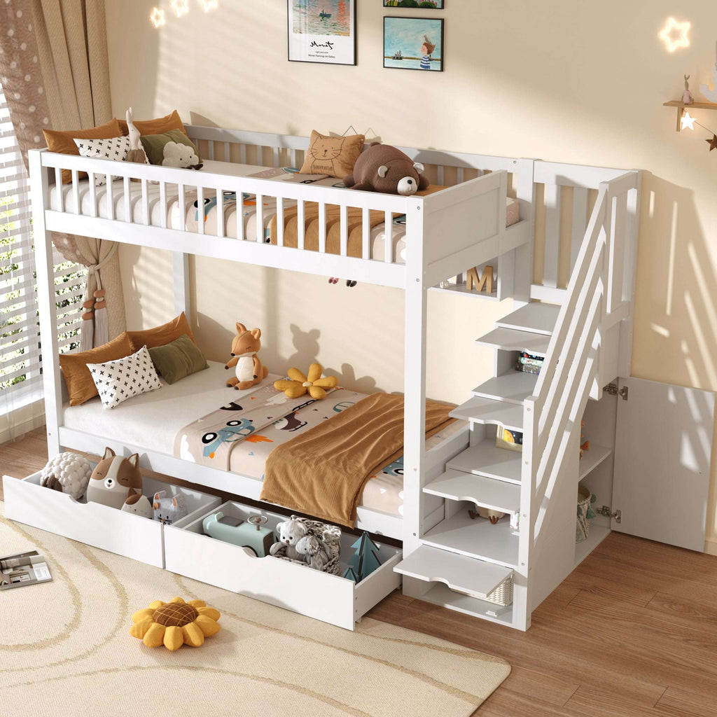 White Solid Wood Single Loft Bed | Stairs, Drawers & Rails | 3ft | Premium Home Decor | OFIA HOME