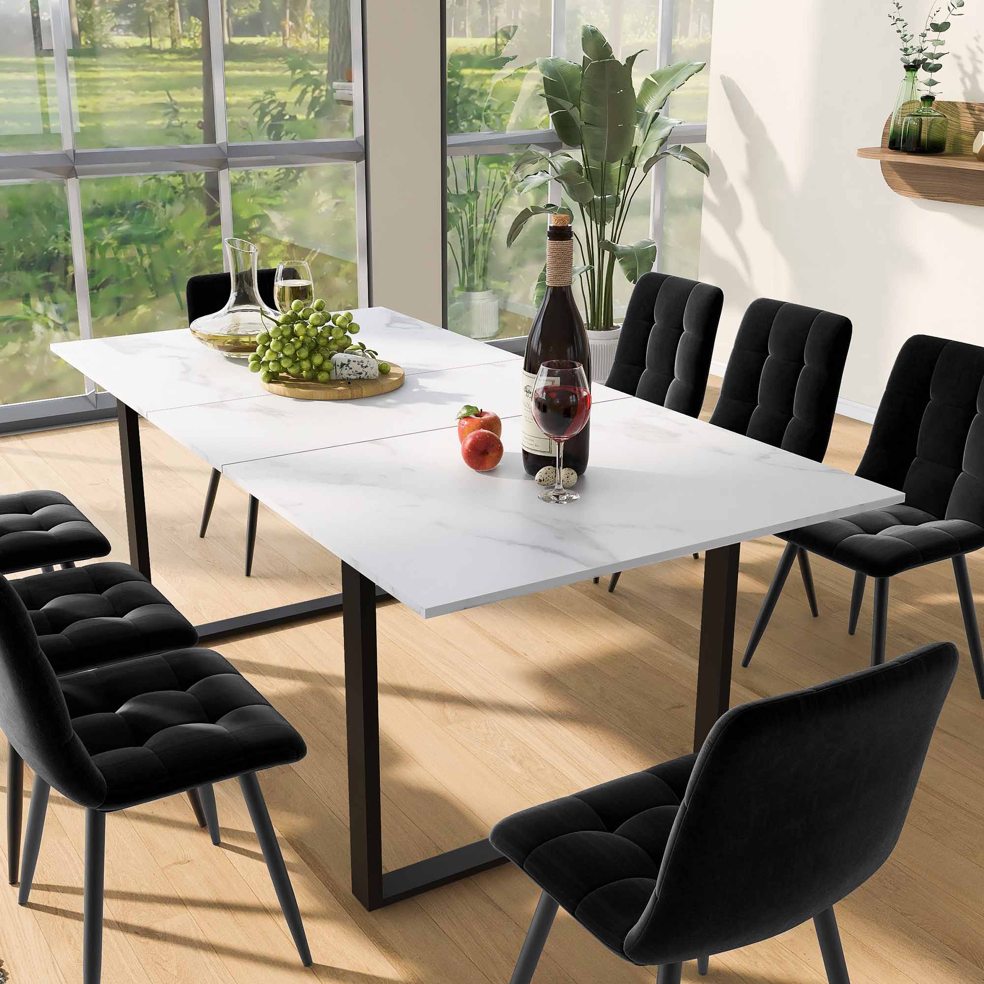 Extendable Marble-Effect Dining Table – White MDF with Metal Legs, 140–180cm | Premium Home Decor | OFIA HOME