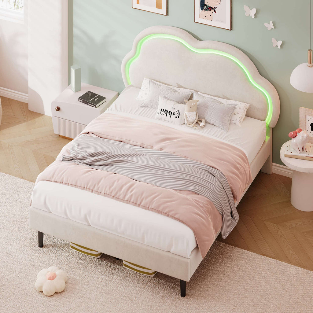 Children's Double Bed | LED Adjustable Cloud Headboard | Velvet | 4ft6 | Cream White | Premium Home Decor | OFIA HOME