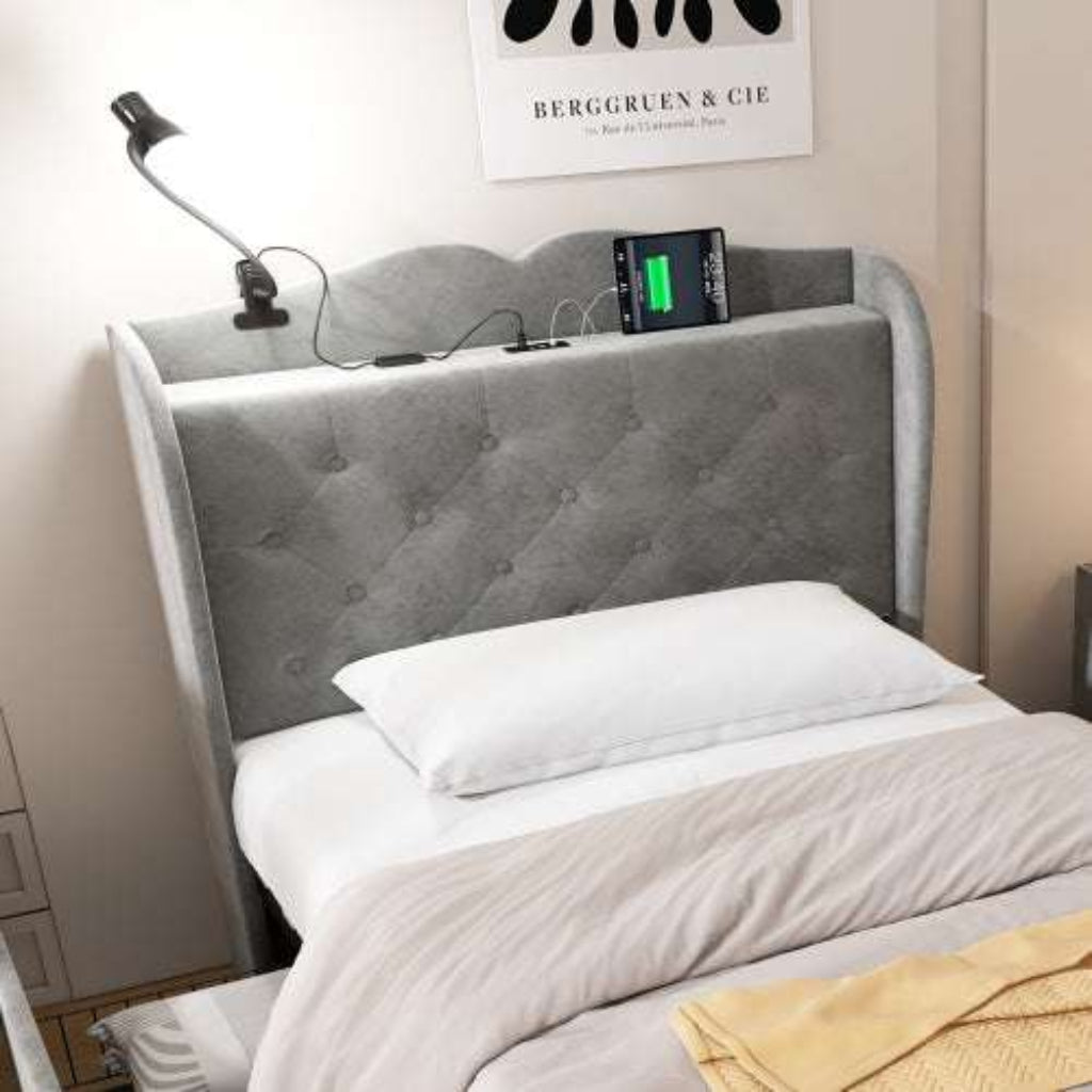 Velvet Storage Single Bed with Drawers & USB Ports — Grey | Premium Home Decor | OFIA HOME