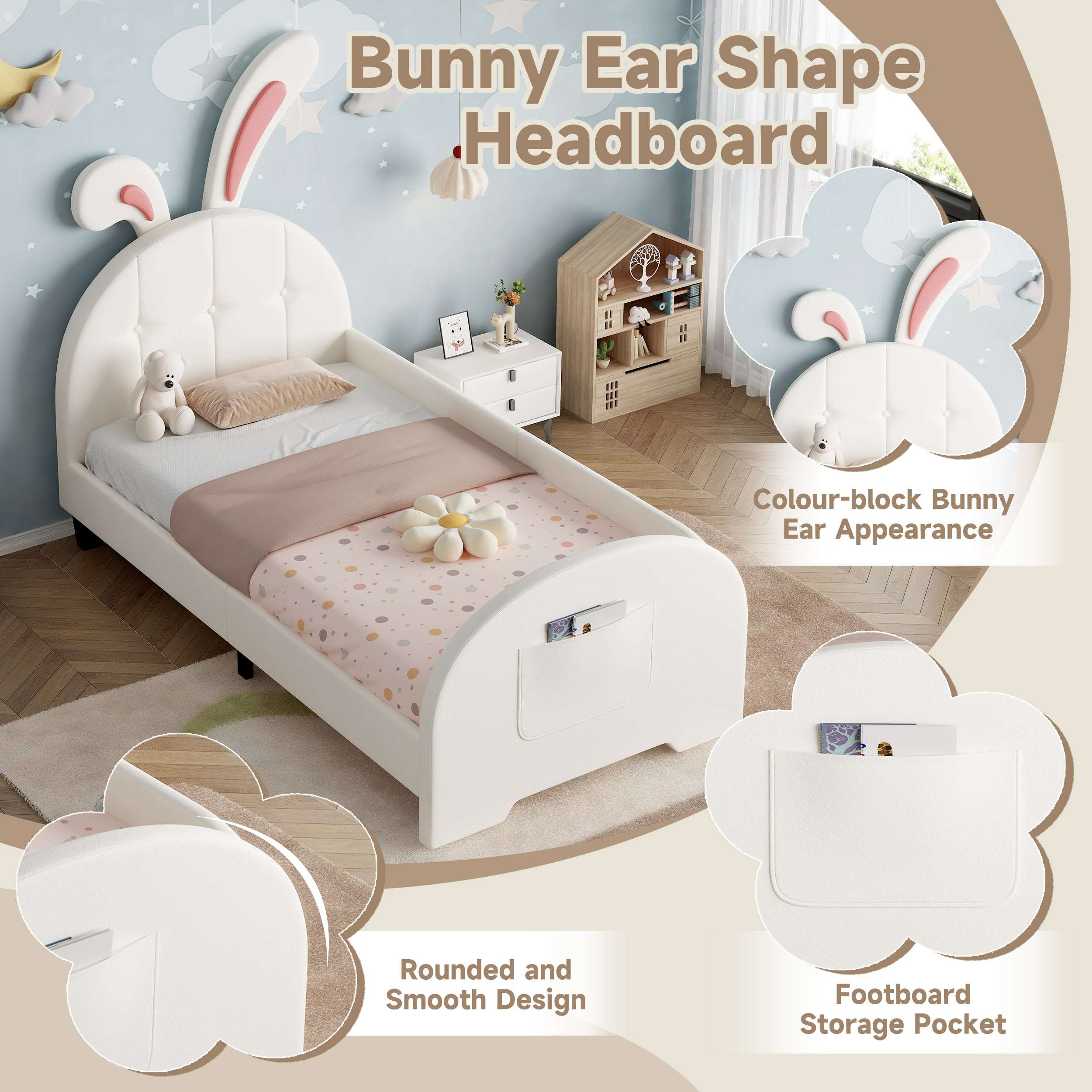 Cream Rabbit Single Bed | Bunny Ear Headboard & Footboard Pocket | Premium Home Decor | OFIA HOME