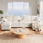 Beige Corduroy U-Shape Sectional Sofa | USB Charging | 4 Seater | Premium Home Decor | OFIA HOME