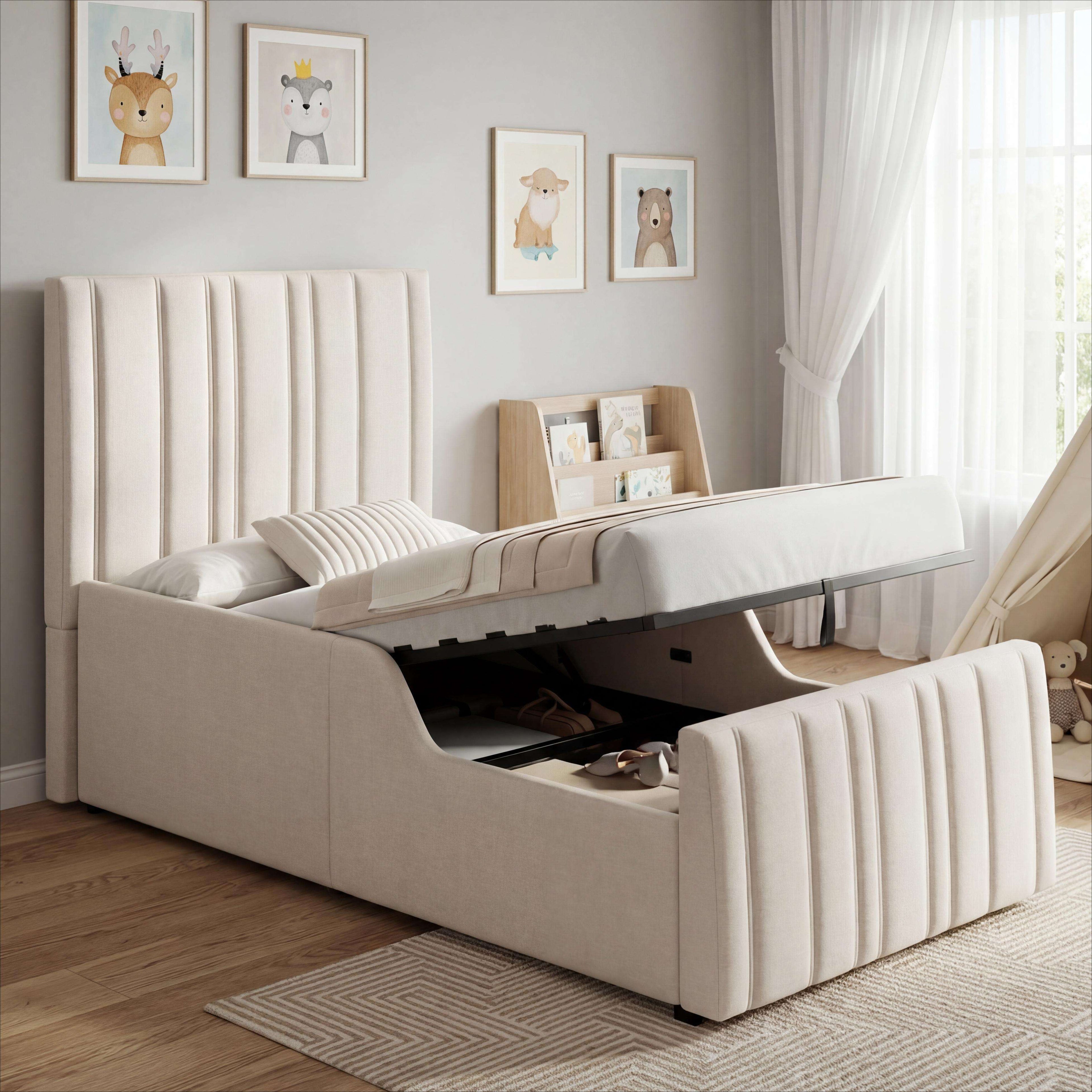 Children's Single Bed | Linen Upholstered Headboard & Hydraulic Storage | 3ft 90x190cm | Beige | Premium Home Decor | OFIA HOME