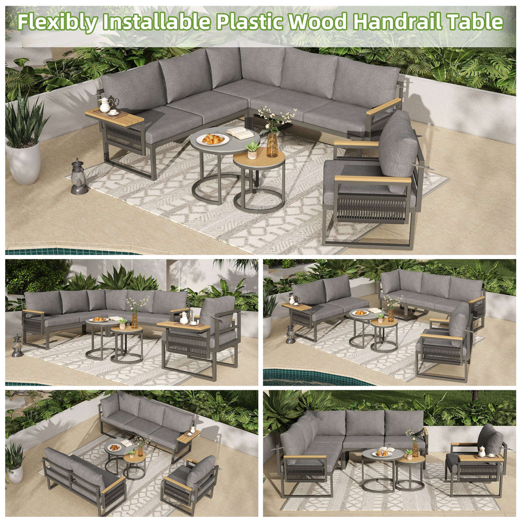 5-6 Seater Rope Woven Garden Lounge Set | Corner Sofa, Armchair & 2 Nesting Coffee Tables | Grey | Premium Home Decor | OFIA HOME