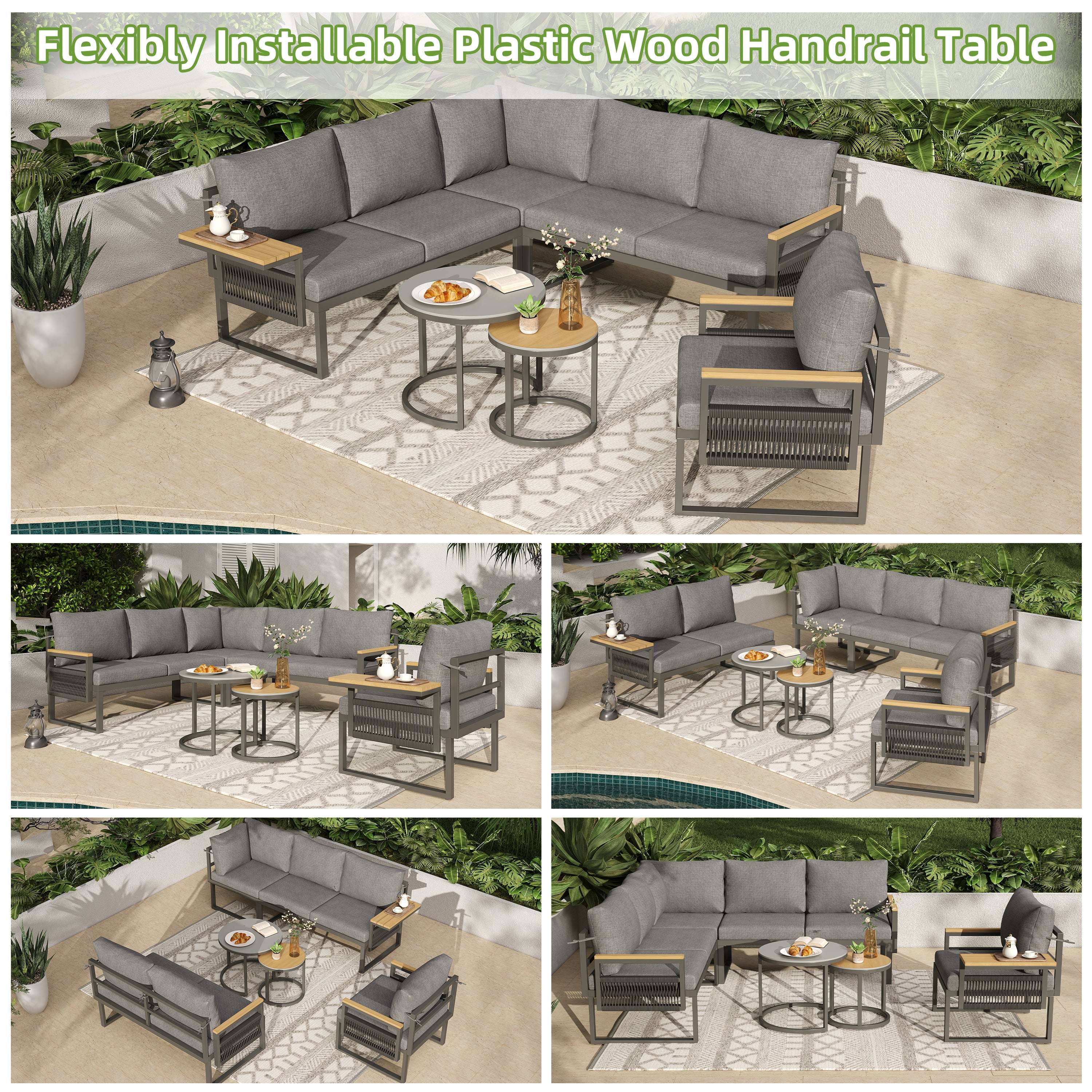 5-6 Seater Rope Woven Garden Lounge Set | Corner Sofa, Armchair & 2 Nesting Coffee Tables | Grey | Premium Home Decor | OFIA HOME
