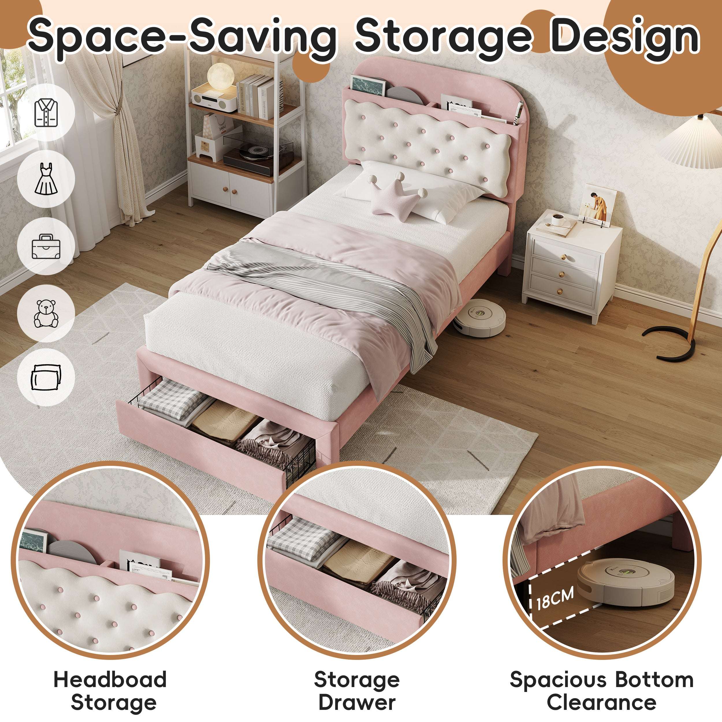 Velvet Single Bed Frame | Cookie Headboard, Storage Drawer | Cream & Pink | 3ft | Premium Home Decor | OFIA HOME
