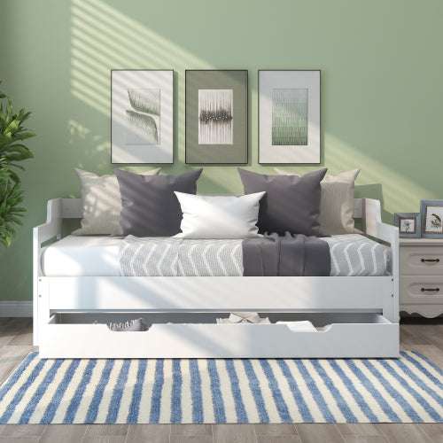 White Single Guest Sofa Bed – Pull-Out Trundle with Storage Drawer, 90x190cm | Premium Home Decor | OFIA HOME