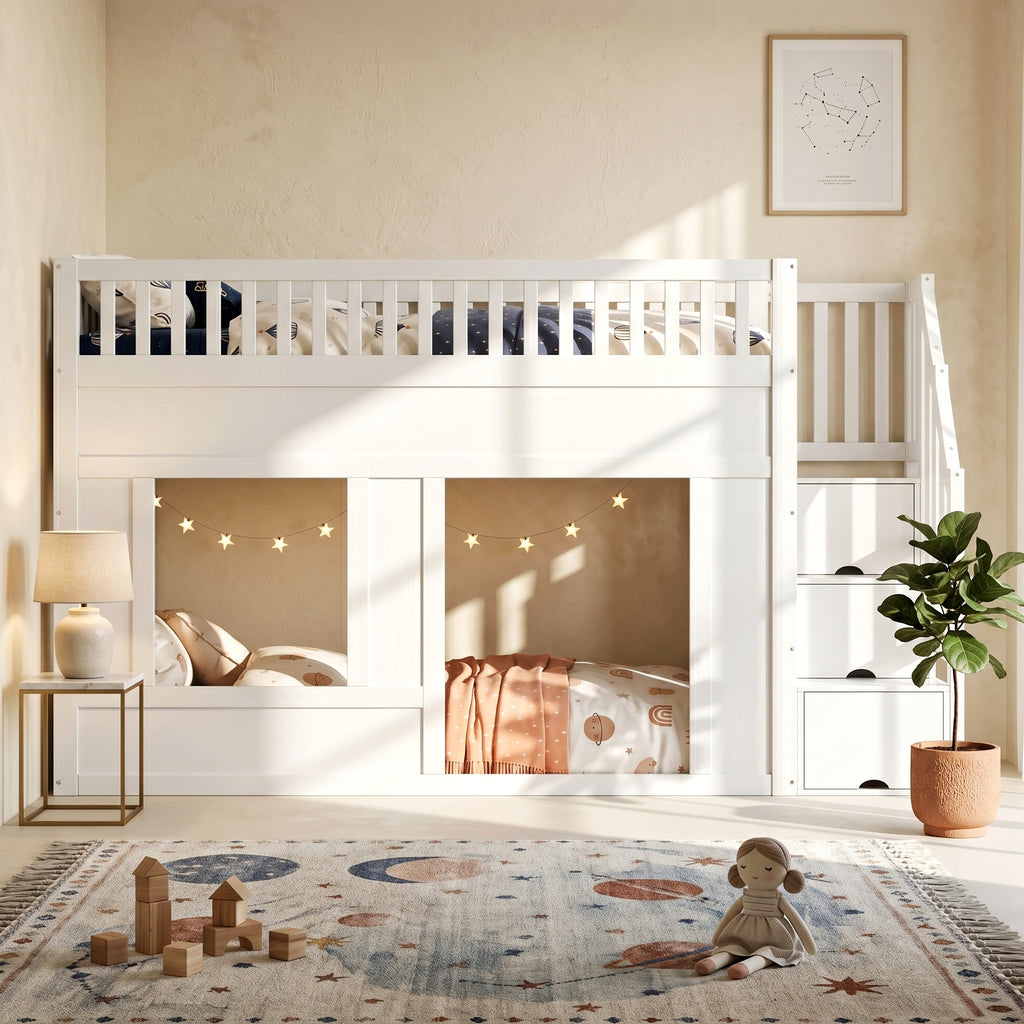 White Bunk Bed with Storage Stairs & Play Area | 3ft Single (90x190cm) | Premium Home Decor | OFIA HOME