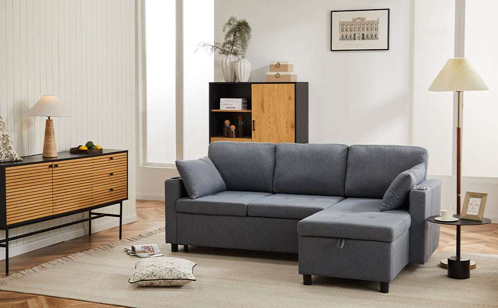 Grey L-Shaped Corner Sofa Bed | 3-Seater Pull-Out with Storage | Premium Home Decor | OFIA HOME