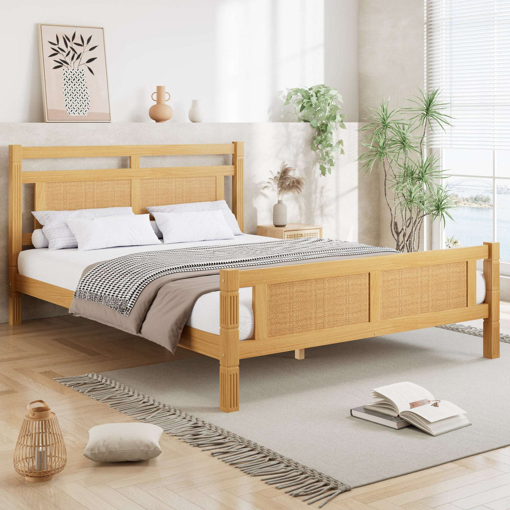 Rattan Wood Double Bed Frame — Natural | Premium Home Decor | OFIA HOME