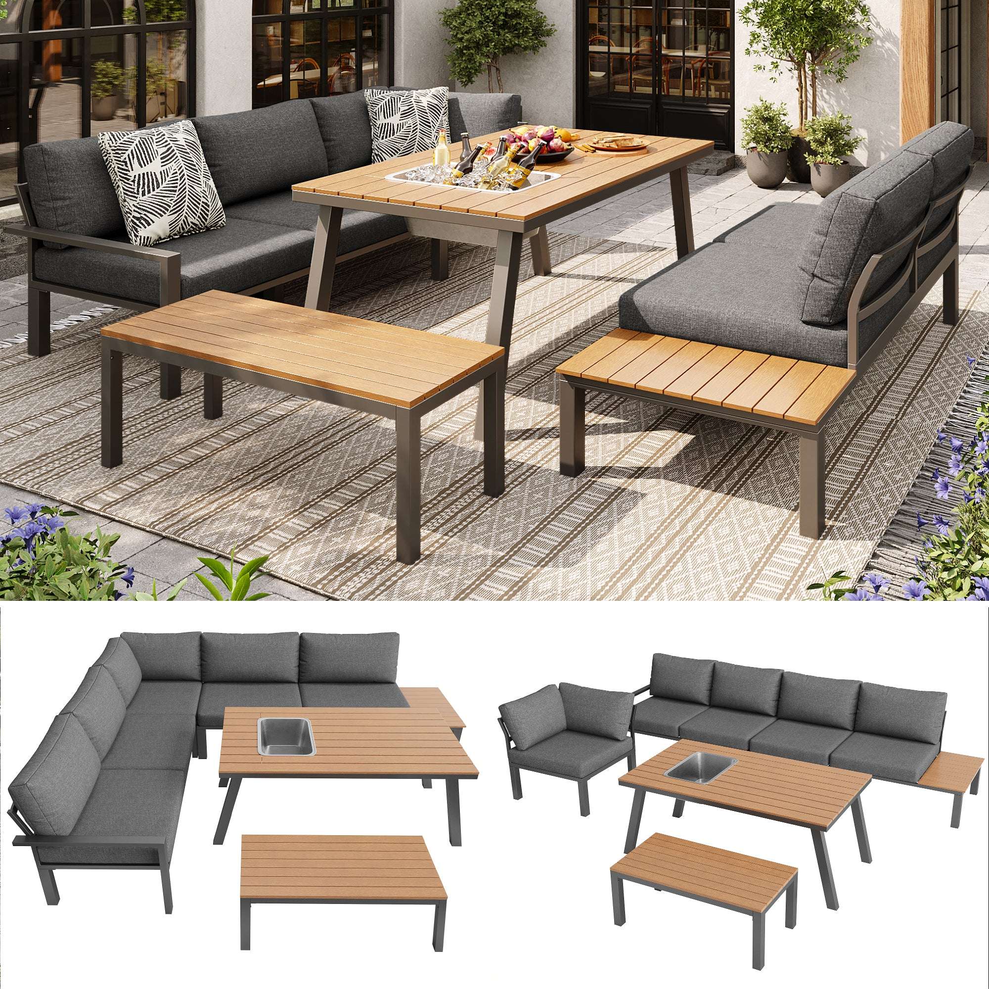 Grey Garden Lounge Set for 6–7 | Galvanised Frame, Ice Bucket Table & All-Weather Cushions | Premium Home Decor | OFIA HOME