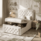 Children's Single Bed | Velvet Upholstered Headboard & Hydraulic Storage | 3ft 90x190cm | Beige | Premium Home Decor | OFIA HOME