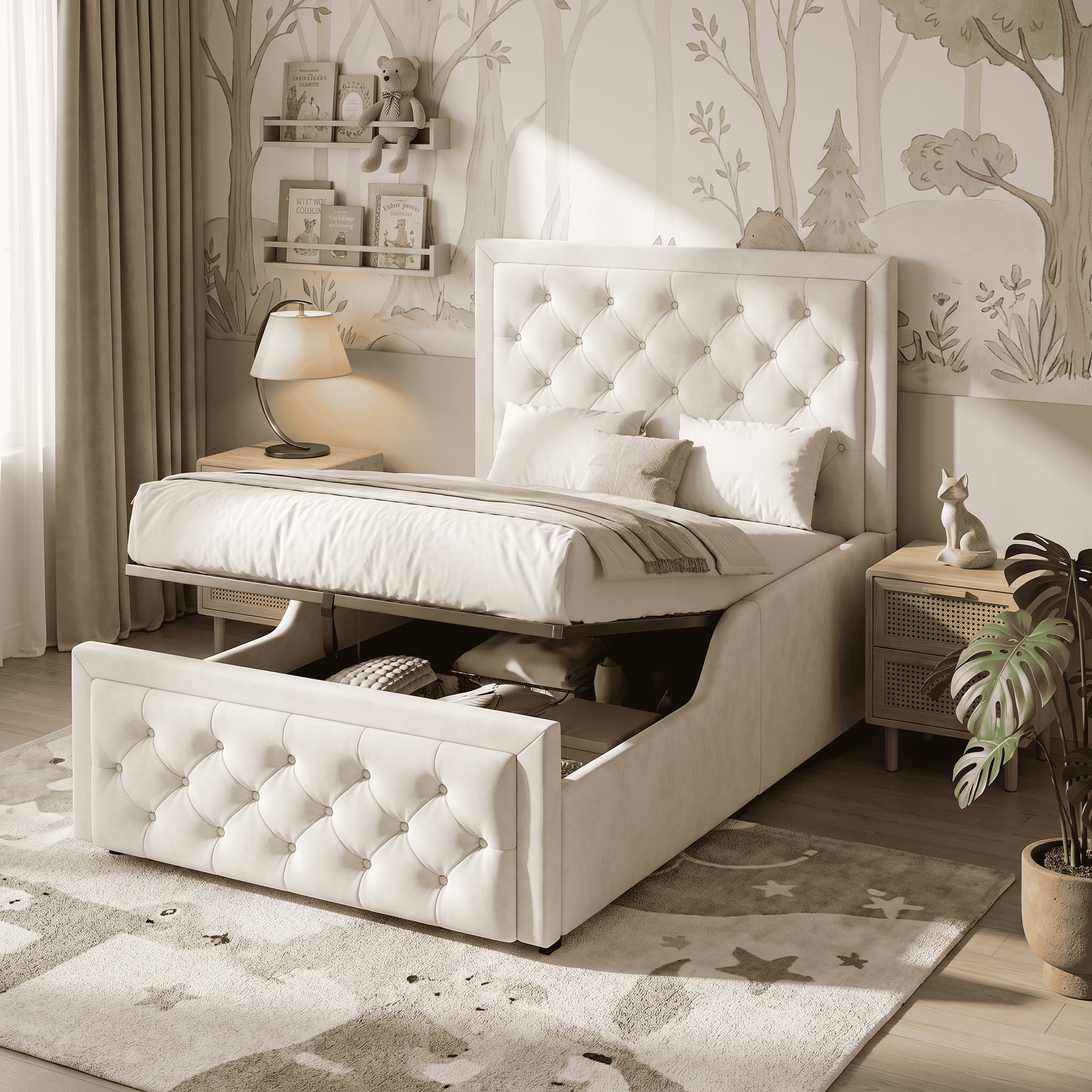 Children's Single Bed | Velvet Upholstered Headboard & Hydraulic Storage | 3ft 90x190cm | Beige | Premium Home Decor | OFIA HOME