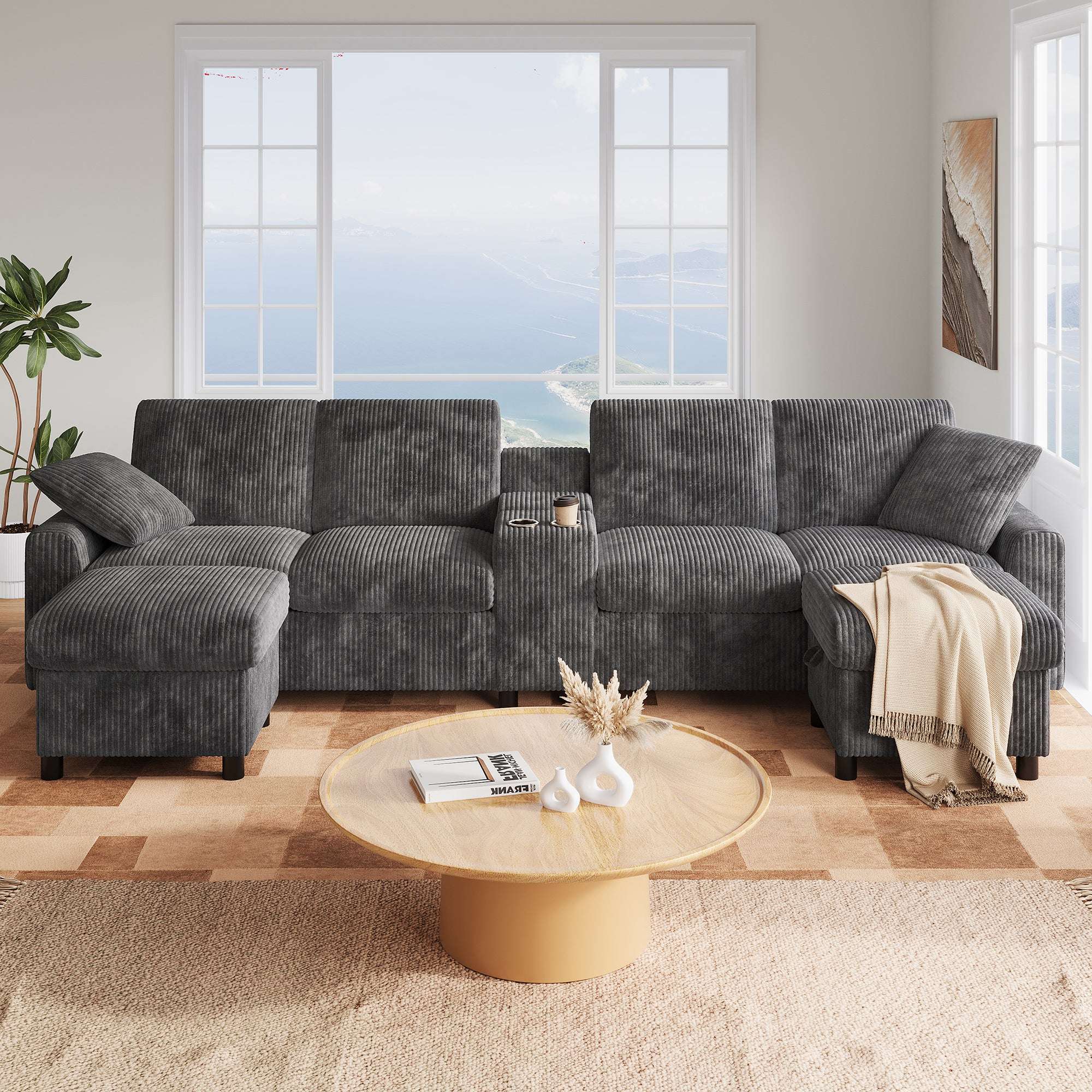 Grey Corduroy U-Shape Sectional Sofa | USB Charging | 4 Seater | Premium Home Decor | OFIA HOME