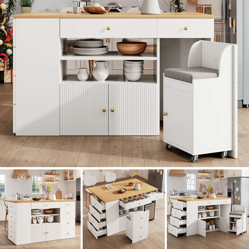 Adjustable Kitchen Island with Bar Stools – 6-Drawer Sideboard Cabinet, White & Black | Premium Home Decor | OFIA HOME