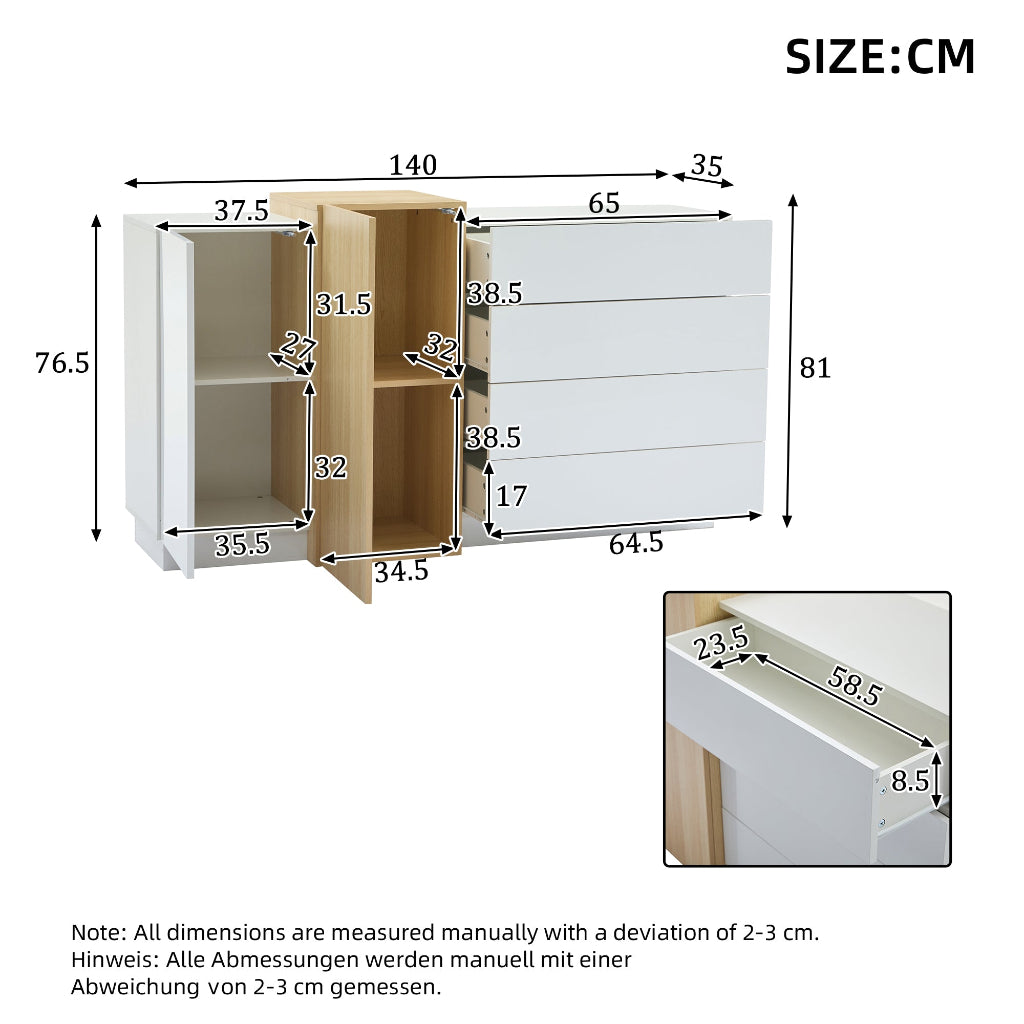 White High-Gloss Sideboard with 4 Drawers & 2 Doors | 140cm | Premium Home Decor | OFIA HOME