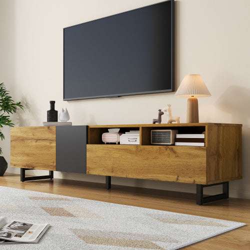 Retro Wood Grain Colourblock TV Cabinet – 3 Doors, U-Shaped Metal Legs | Premium Home Decor | OFIA HOME