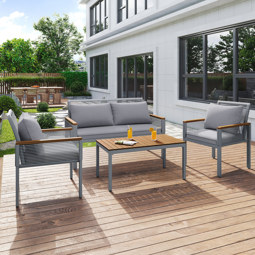 Garden Lounge Set, Garden Furniture Set With Comfortable Cushions, Double Sofa, 2 Armchairs And Table, Outdoor, Rattan, Table And Chairs, Grey | Premium Home Decor | OFIA HOME