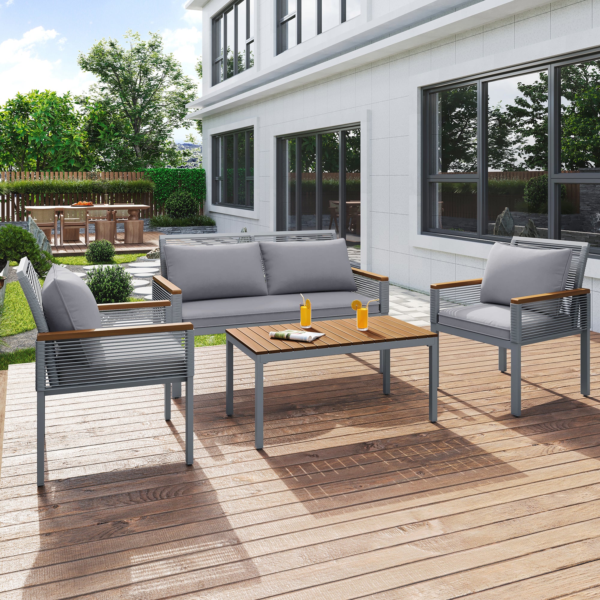 Garden Lounge Set, Garden Furniture Set With Comfortable Cushions, Double Sofa, 2 Armchairs And Table, Outdoor, Rattan, Table And Chairs, Grey | Premium Home Decor | OFIA HOME