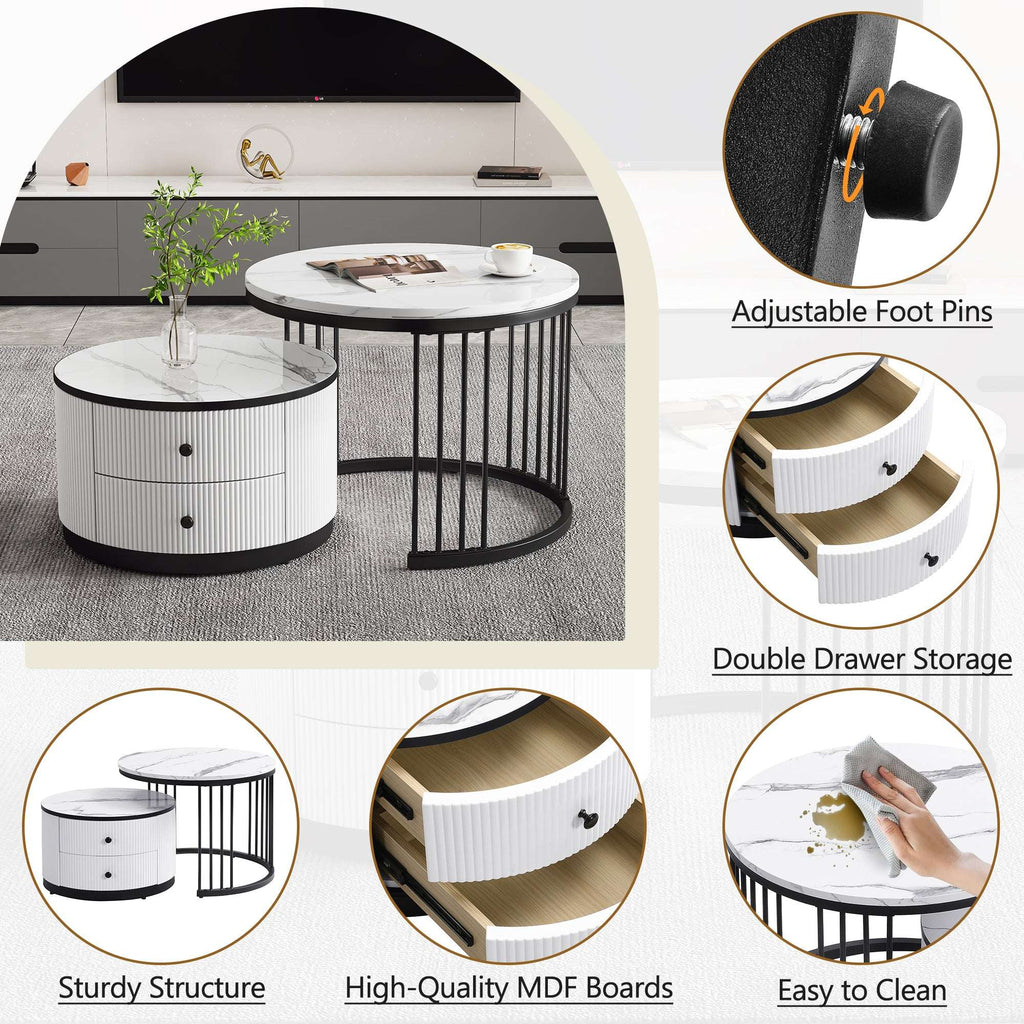 Marble Effect Nesting Coffee Tables with Storage — Set of 2 | White & Black | Premium Home Decor | OFIA HOME