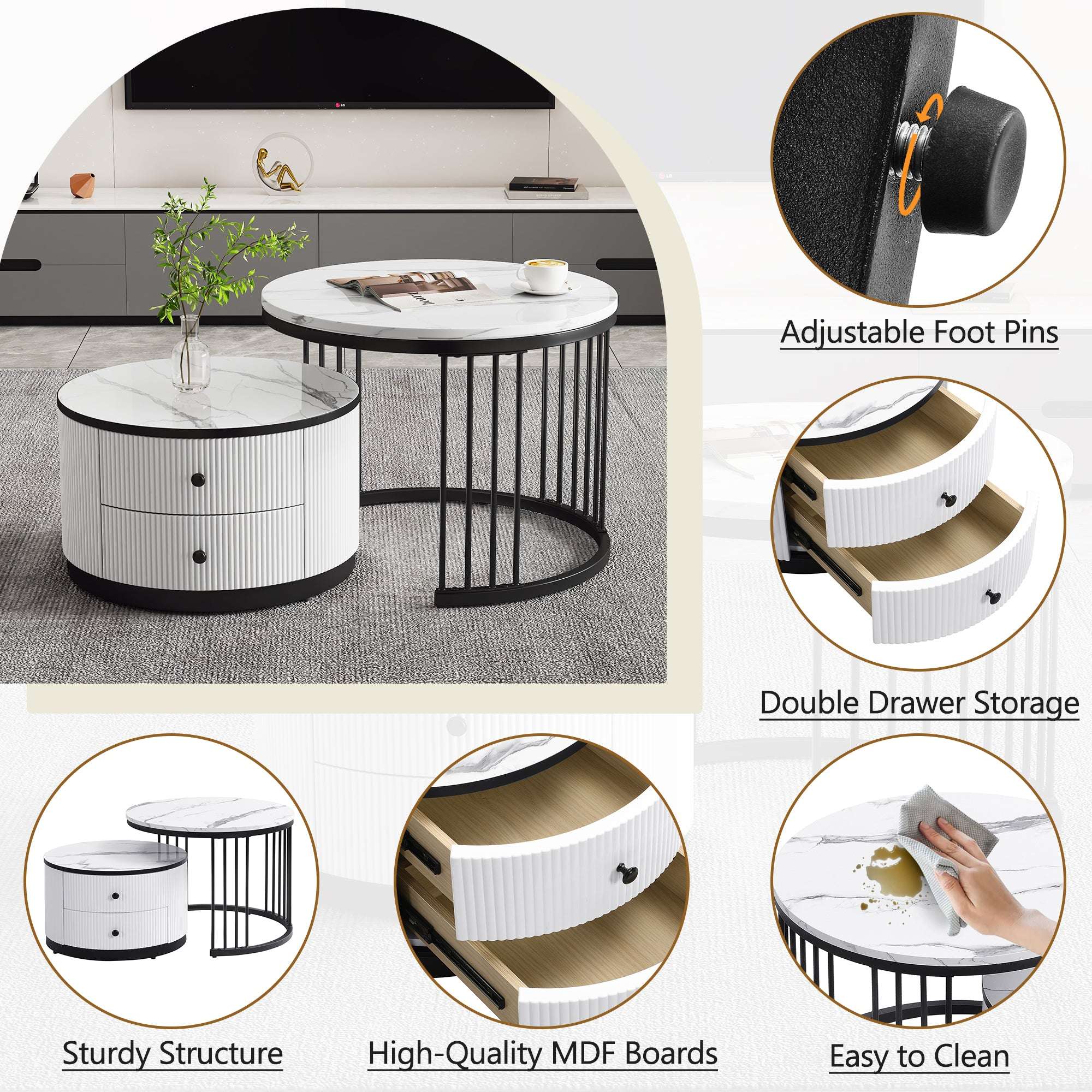 Marble Effect Nesting Coffee Tables with Storage — Set of 2 | White & Black | Premium Home Decor | OFIA HOME