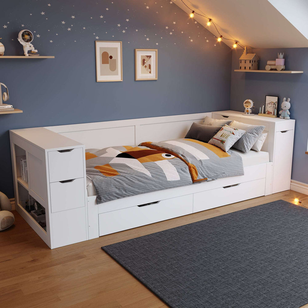 White Children's Daybed | Storage Drawers, Shelves & Bedside | 3ft | Premium Home Decor | OFIA HOME