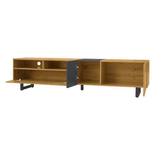 Retro Wood Grain Colourblock TV Cabinet – 3 Doors, U-Shaped Metal Legs | Premium Home Decor | OFIA HOME