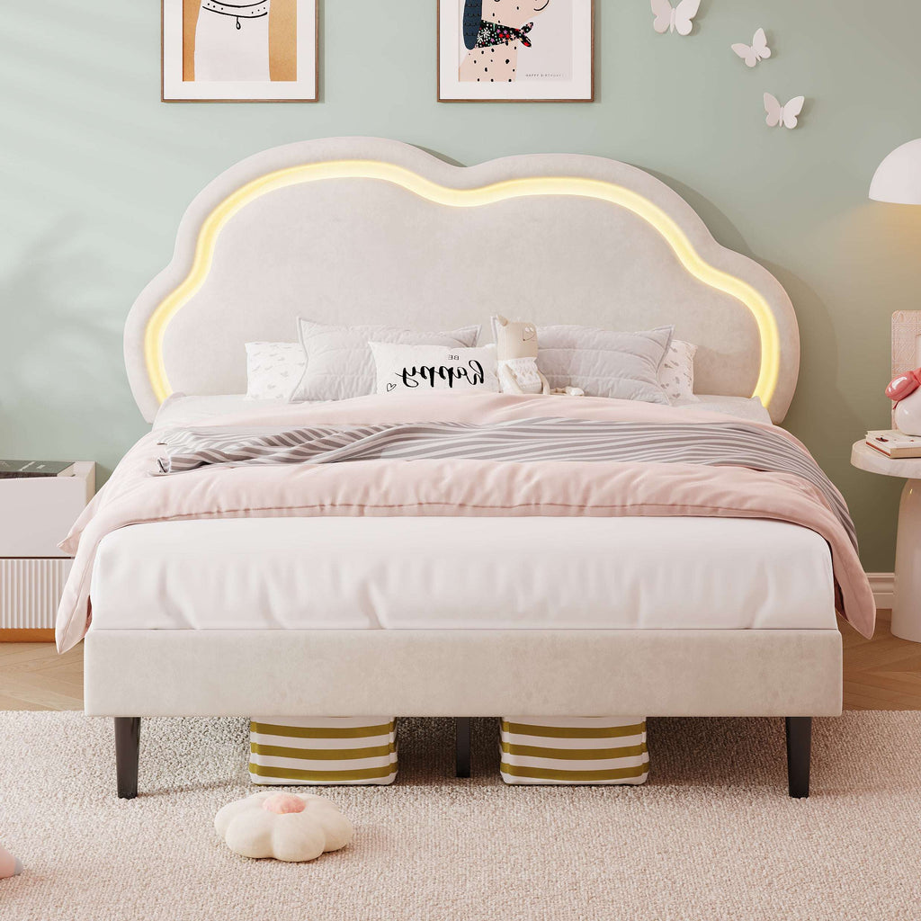 Children's Double Bed | LED Adjustable Cloud Headboard | Velvet | 4ft6 | Cream White | Premium Home Decor | OFIA HOME