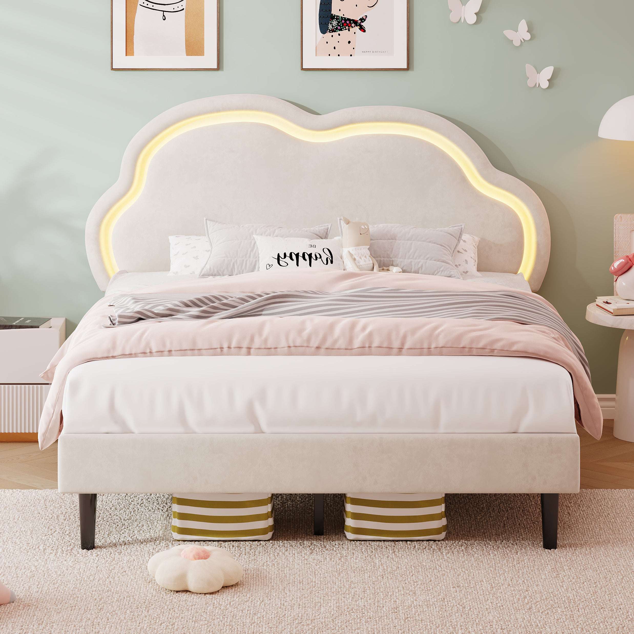 Children's Double Bed | LED Adjustable Cloud Headboard | Velvet | 4ft6 | Cream White | Premium Home Decor | OFIA HOME