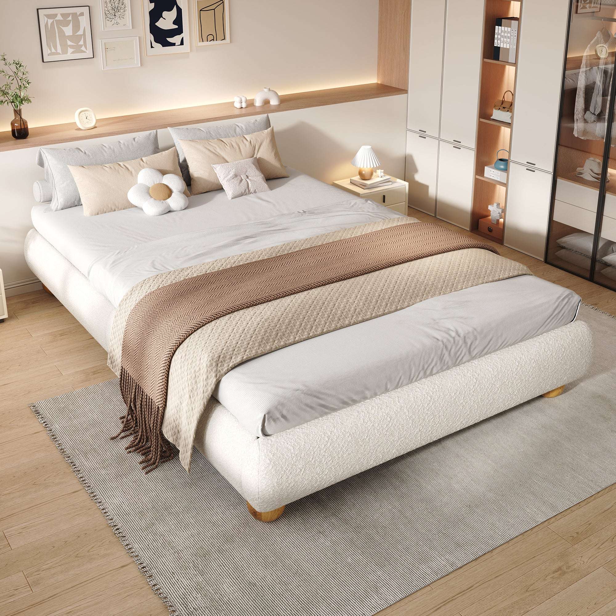 Boucle Upholstered Double Bed — Beige | Premium Home Decor | OFIA HOME