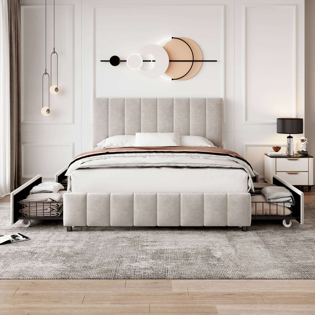 Beige Velvet Double Bed | 4 Storage Drawers & Tufted Headboard | 4ft6 | Premium Home Decor | OFIA HOME