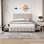 Beige Velvet Double Bed | 4 Storage Drawers & Tufted Headboard | 4ft6 | Premium Home Decor | OFIA HOME