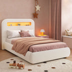 Children's Single Bed | Boucle Upholstered with LED Lighting & Hydraulic Storage | 3ft 90x190cm | White | Premium Home Decor | OFIA HOME