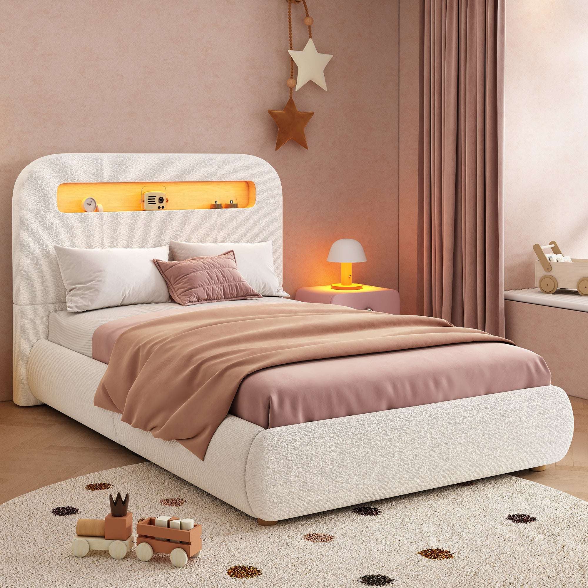 Children's Single Bed | Boucle Upholstered with LED Lighting & Hydraulic Storage | 3ft 90x190cm | White | Premium Home Decor | OFIA HOME