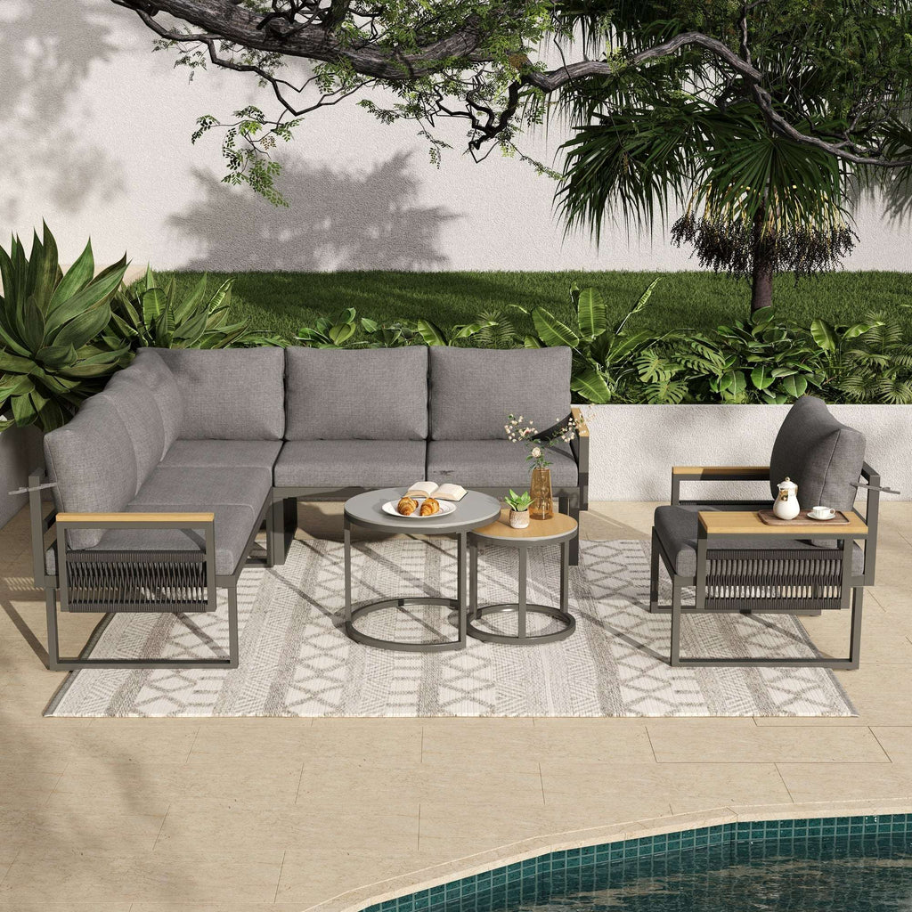 5-6 Seater Rope Woven Garden Lounge Set | Corner Sofa, Armchair & 2 Nesting Coffee Tables | Grey | Premium Home Decor | OFIA HOME
