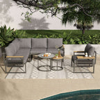 5-6 Seater Rope Woven Garden Lounge Set | Corner Sofa, Armchair & 2 Nesting Coffee Tables | Grey | Premium Home Decor | OFIA HOME