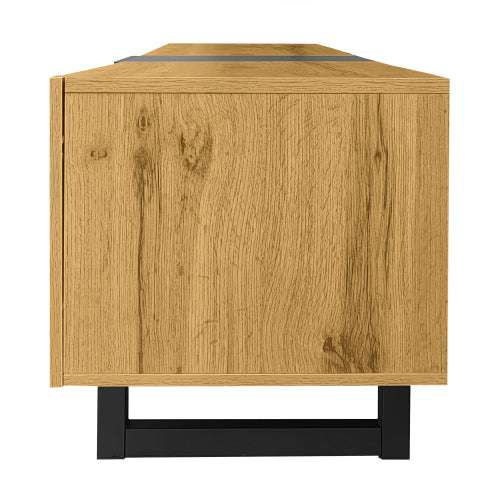 Retro Wood Grain Colourblock TV Cabinet – 3 Doors, U-Shaped Metal Legs | Premium Home Decor | OFIA HOME