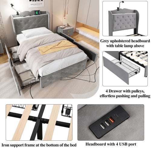 Velvet Storage Single Bed with Drawers & USB Ports — Grey | Premium Home Decor | OFIA HOME