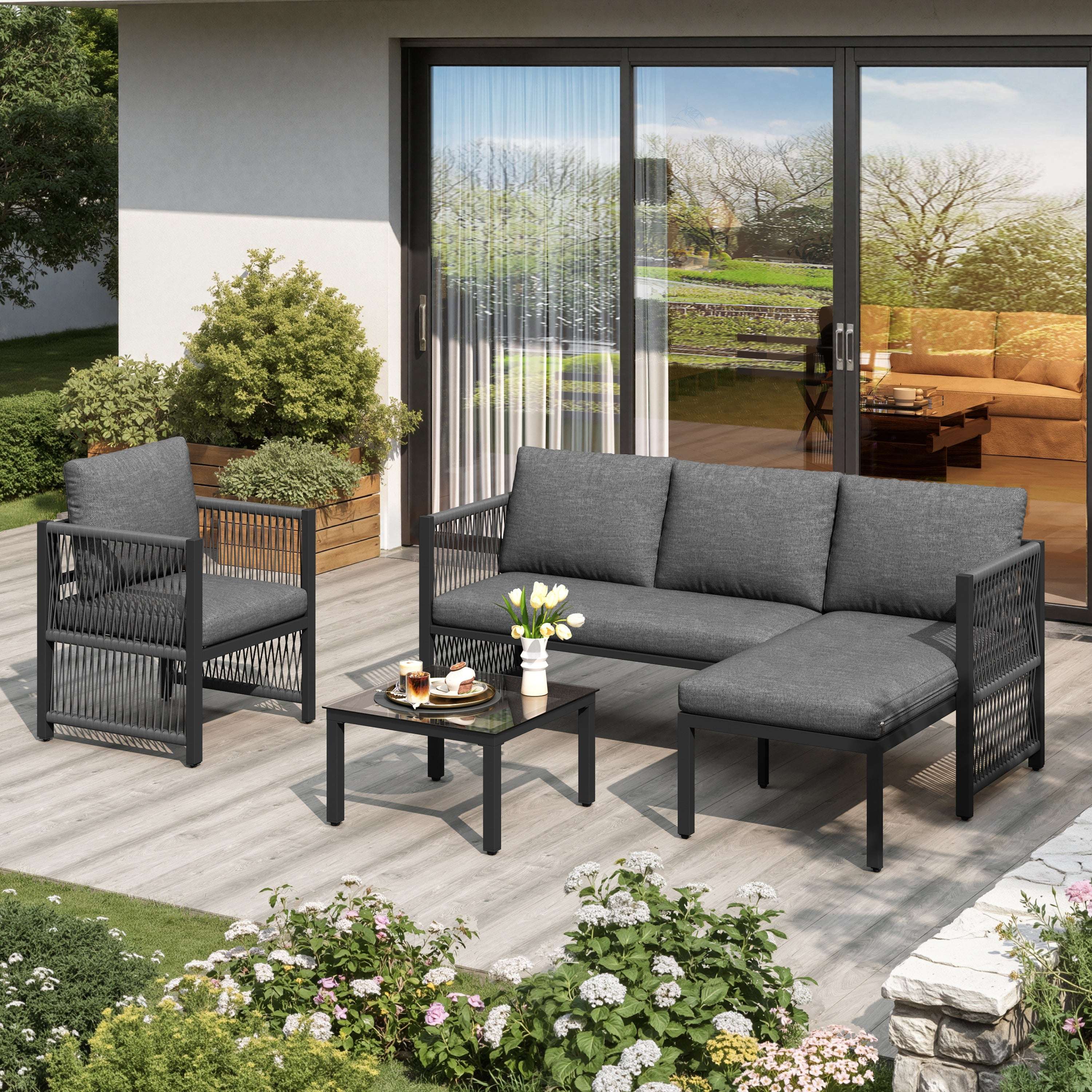 Grey 4-5 Seater Modular Patio Sofa Set | Polyester Rope, Tempered Glass Table & Weatherproof Cushions | Premium Home Decor | OFIA HOME