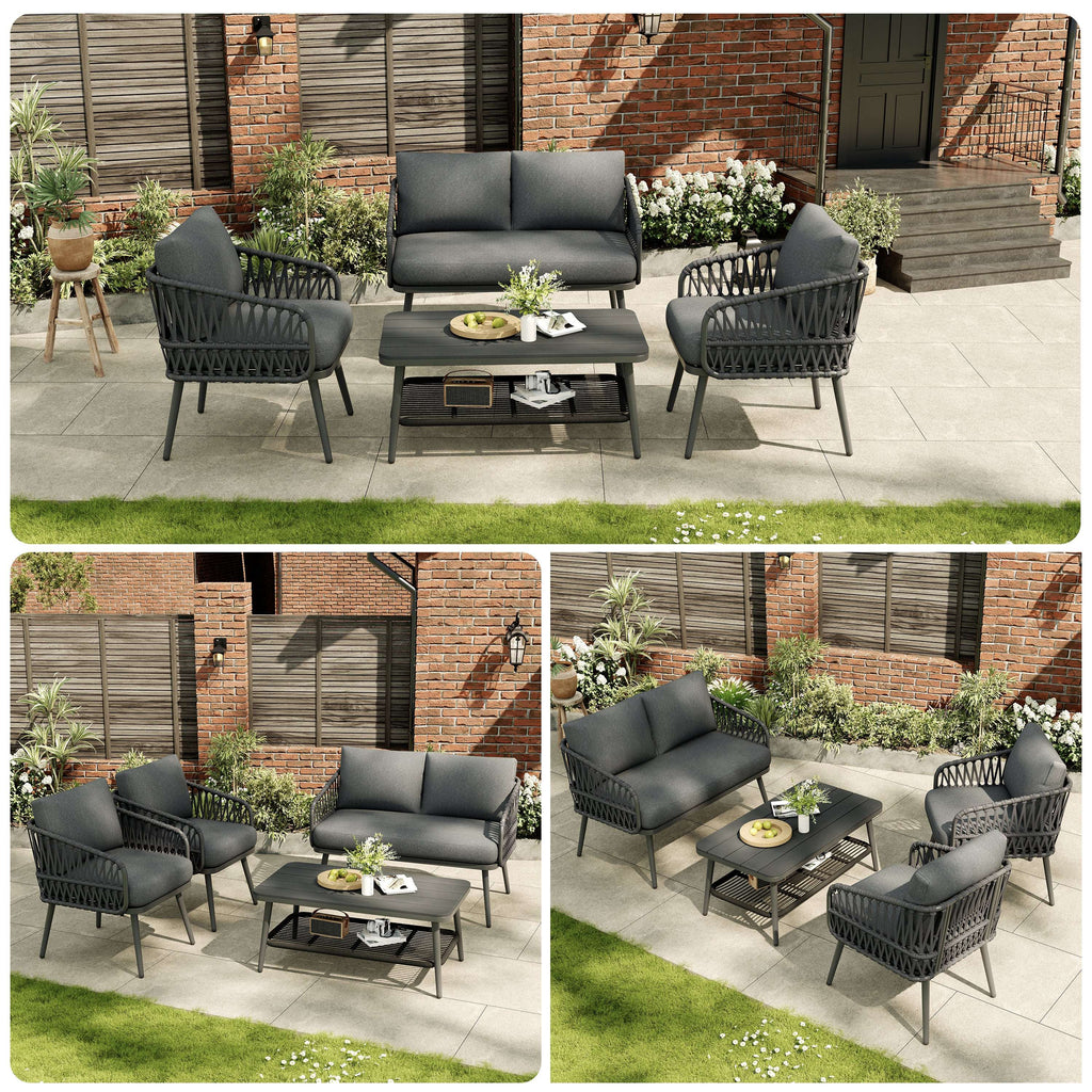 Grey 4-Seater Rope Weave Garden Lounge Set | All-Weather | Premium Home Decor | OFIA HOME
