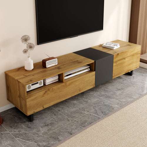 Retro Wood Grain Colourblock TV Cabinet – 3 Doors, U-Shaped Metal Legs | Premium Home Decor | OFIA HOME
