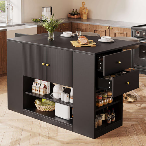 Black Kitchen Island Cabinet with Drawers & Open Shelves | Premium Home Decor | OFIA HOME